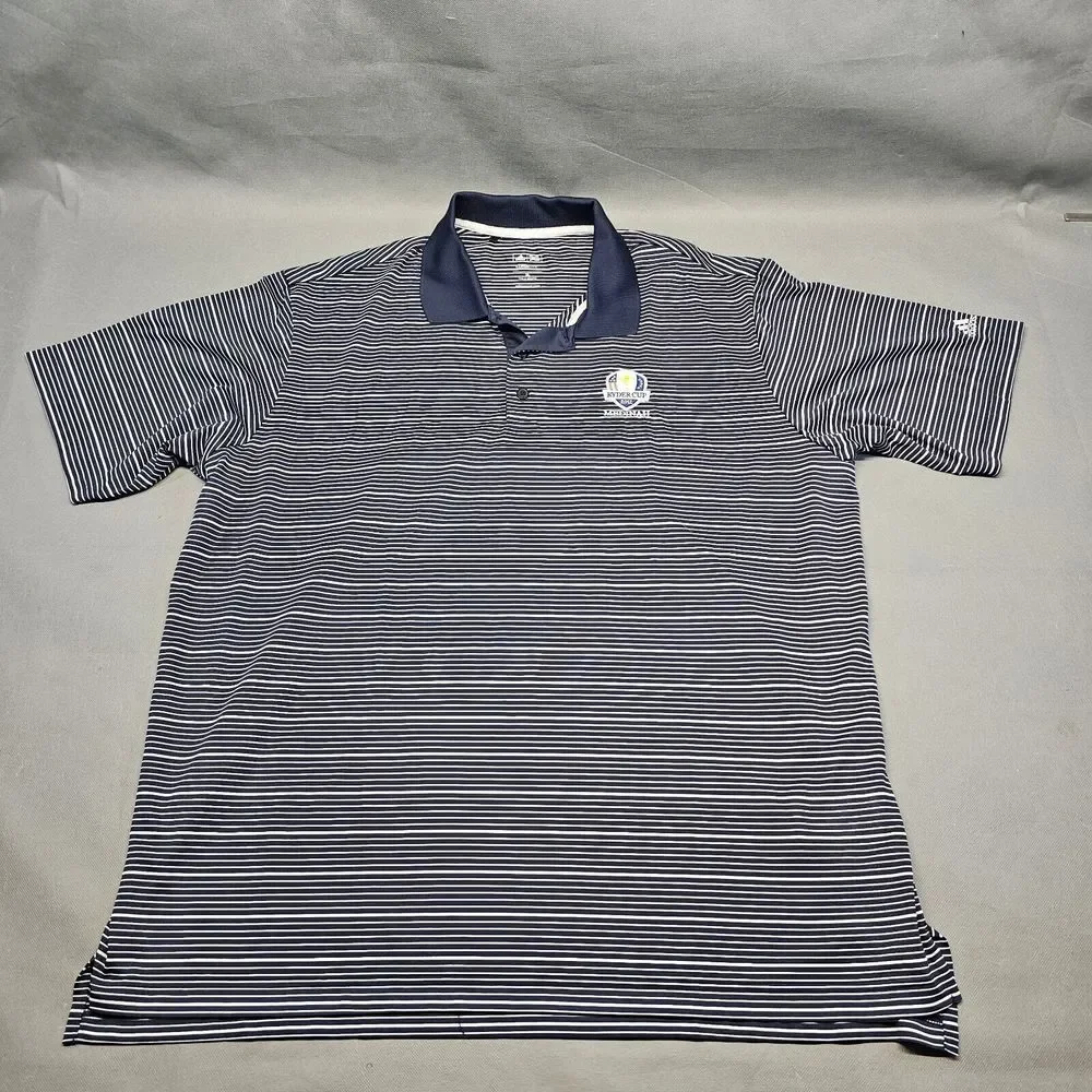 ADIDAS Ryder Cup Medinah‎ 2012 Men Blue Striped Short Sleeve Golf Polo Shirt XL